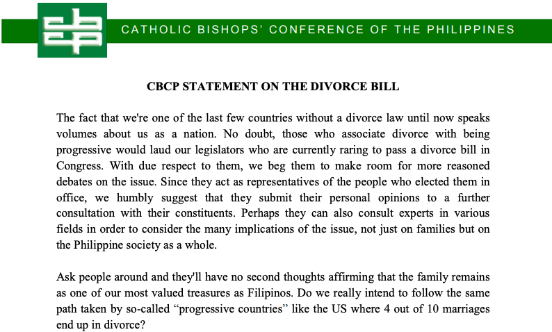 CBCP Statement on Divorce Bill